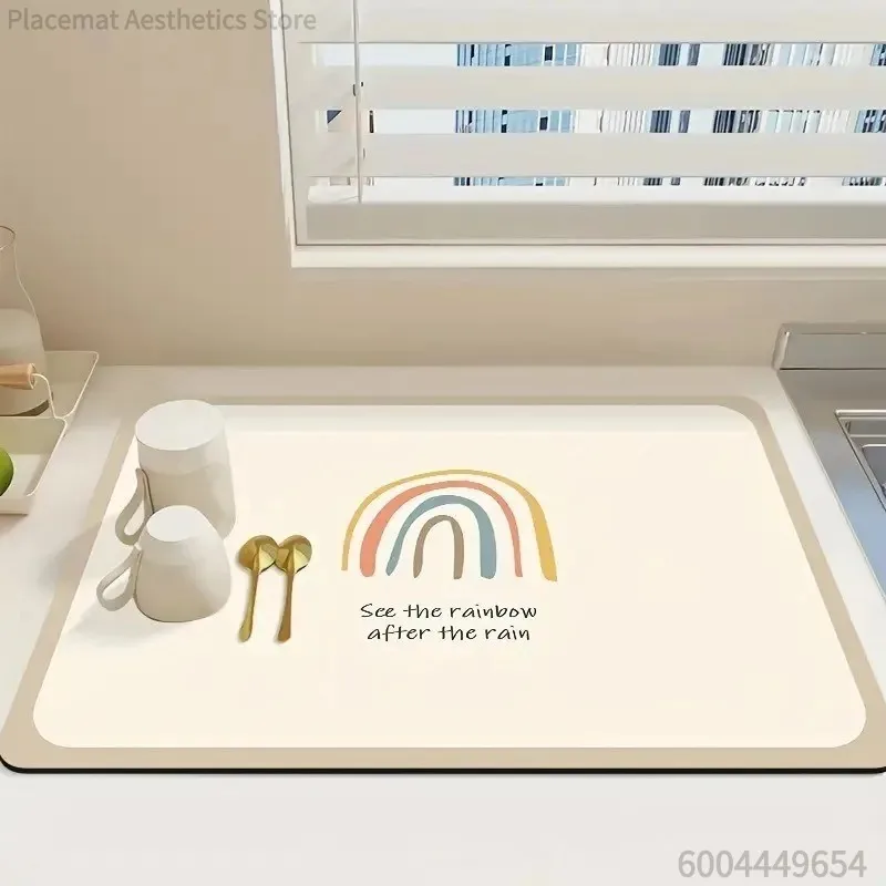 Ins Boho Floral Rainbow Series Print Super Absorbent Drying Mat Waterproof Kitchen Counter Drain Pad Decor Placemat