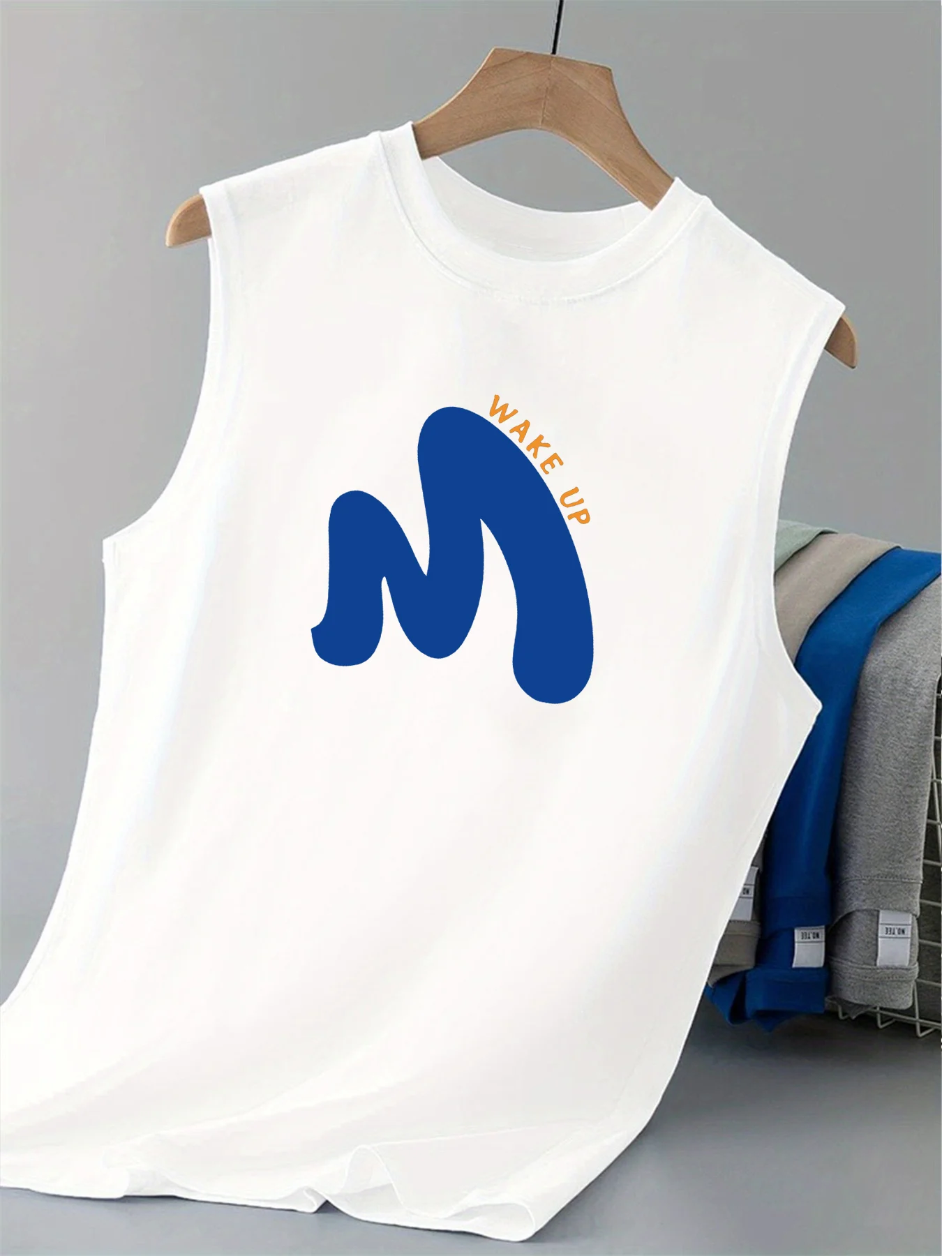 

Pop Men's Summer Leisure Sports Fitness Loose WAKE UP Pattern Printed Comfortable And Breathable Round Neck Sleeveless Tank Top