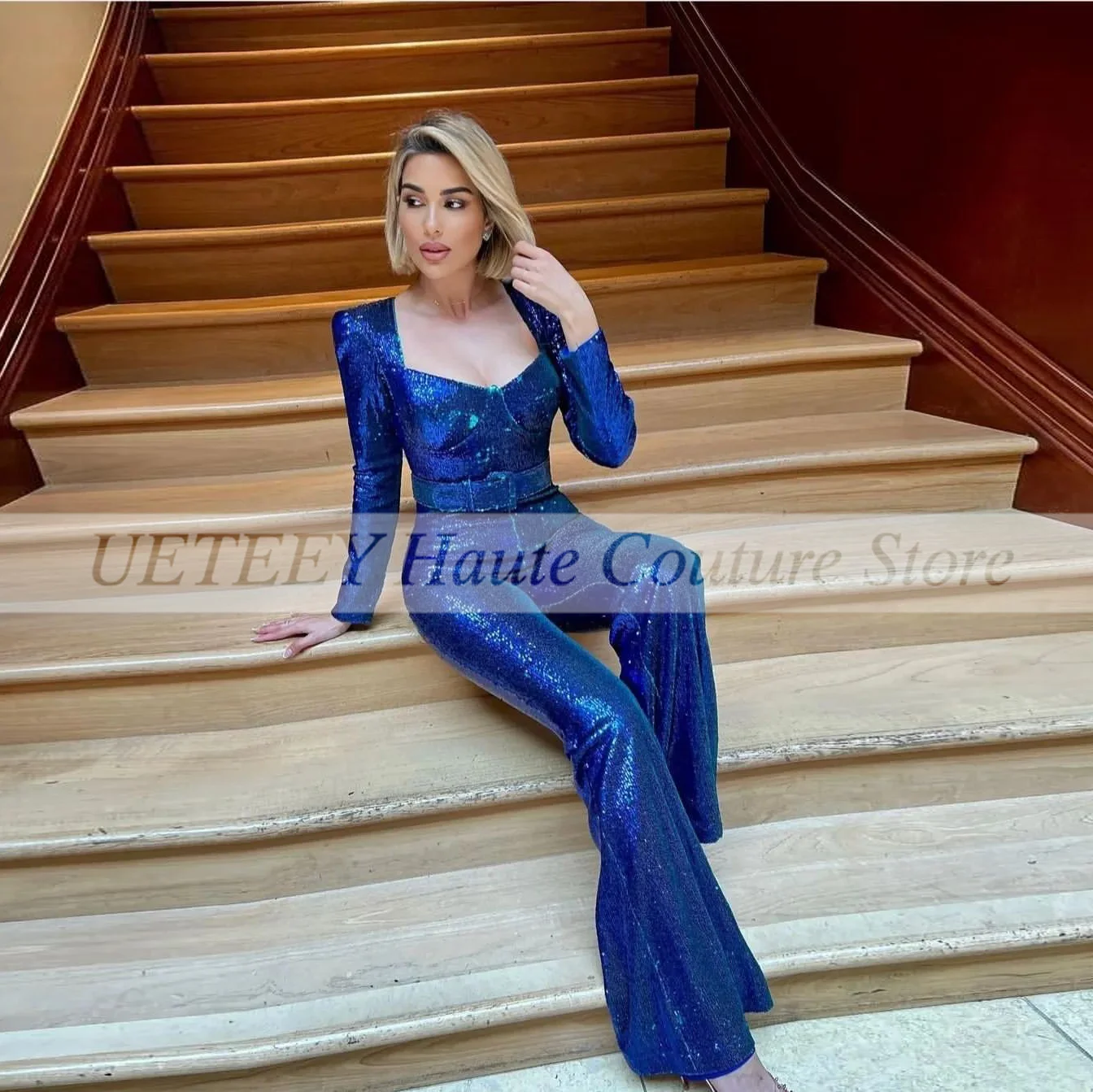 Donna elegante tuta blu reale Sexy paillettes scollo a V manica lunga pagliaccetti Casual pantaloni eleganti Clubwear