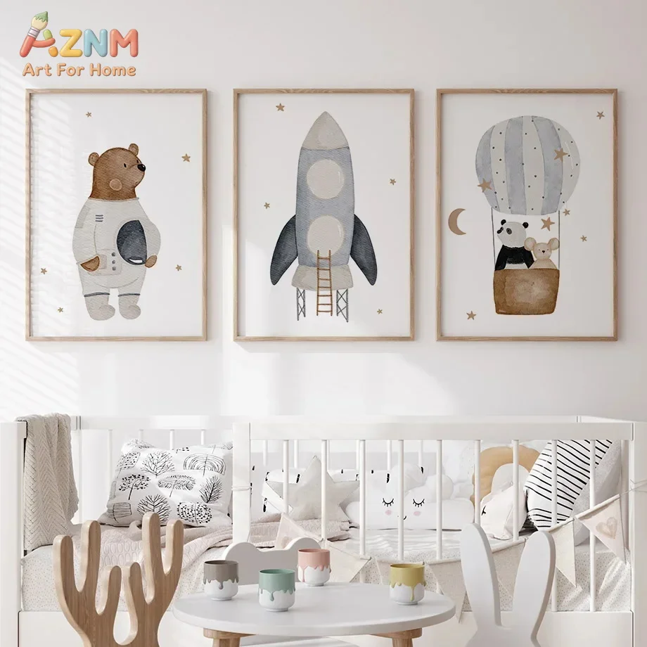 Neutral Woodland Space Animal Canvas Poster Watercolor Astronaut Bear Hot Air Balloon Print Baby Boy Nursery Wall Decor Unframed