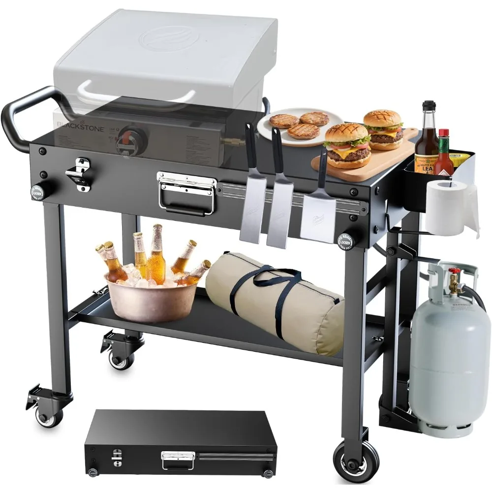 

Foldable Outdoor Grill Table with Wheels Portable Griddle Stand for 17 22 Inch Pizza Oven Gas Tank Mount and Storage