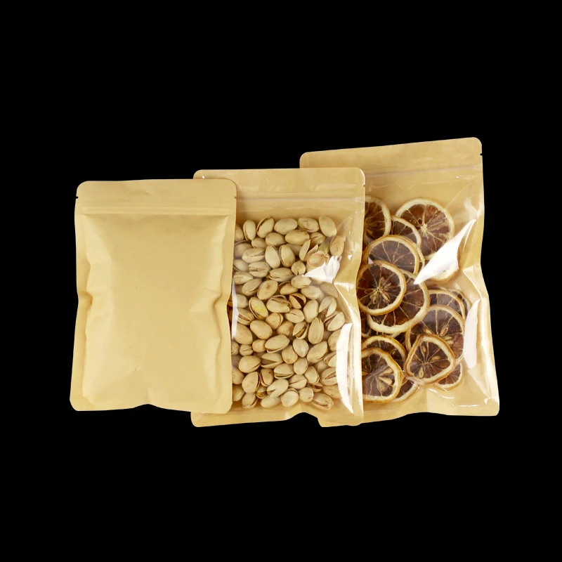 Custom Printing Kraft Paper One Side Clear Zip Lock Bag Snack Chocolate Tea Coffee Beans Gift Packaging Pouch