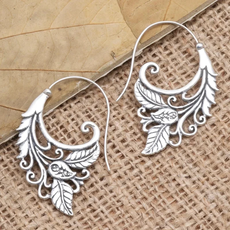 Ladies' Hollow Rolled Leaf Hanging Earrings Vintage Carved Patterns Silver Plated Earrings Bohemian Style Accessory Jewelry