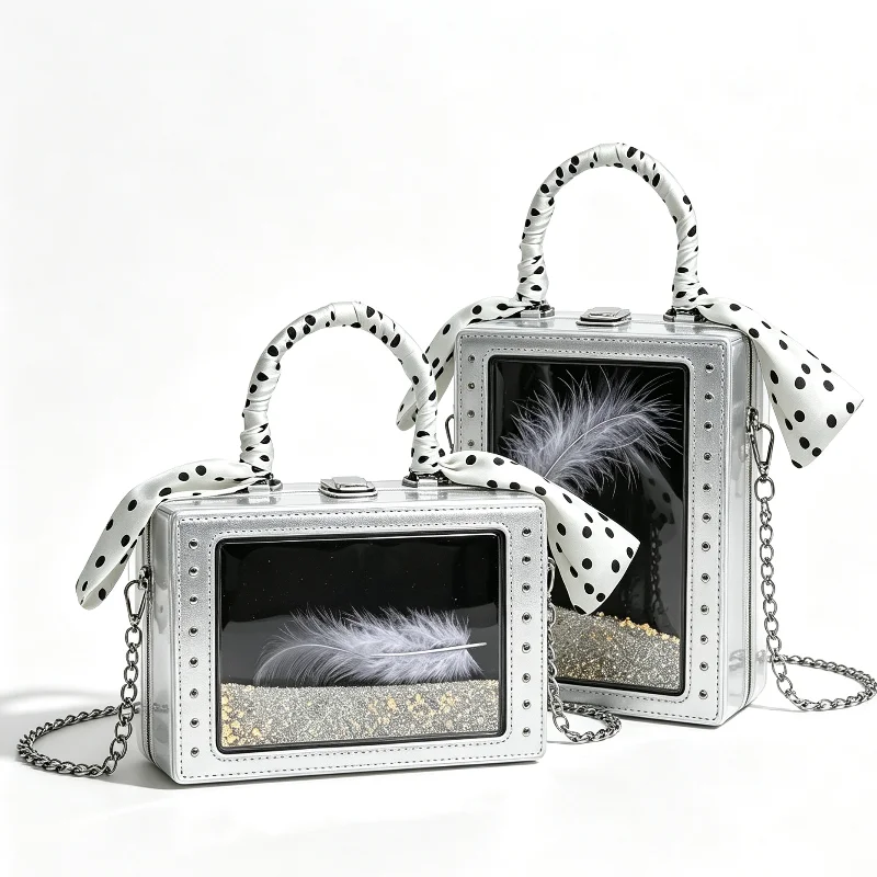 Niche Quicksand Box Bag Feather Transparent Crossbody Bag Polka Dot Scarf Handle Mini Shoulder Bag Evening Handbag