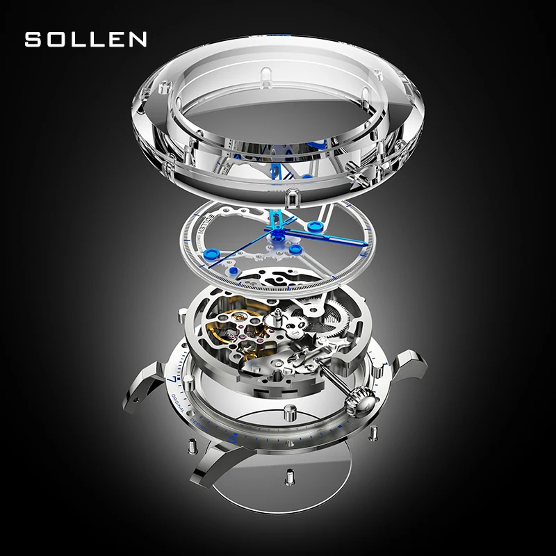 Switzerland Luxury Brand SOLLEN Seagull Automatic Mechanical Men\'s Watches Sapphire 3D Luminous Skeleton Waterproof Clock SL320