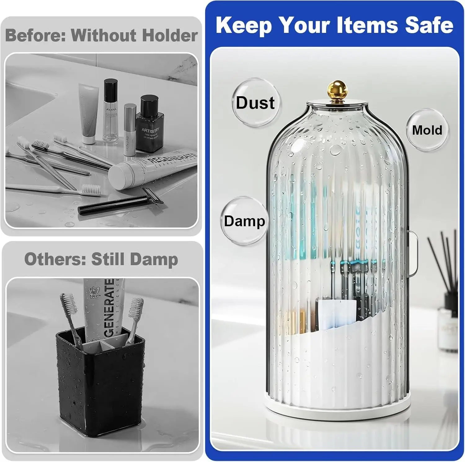 360° Rotating Electric Toothbrush Holder Dustproof Cover Transparent Bathroom Countertop Organizer 3 Compartment Toothpaste Storage Box Stand Freestanding Washroom Waterproof Caddy Vanity Apartment Accessories