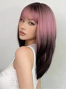 Black pink synthetic wig, used for role-playing long straight layered wigs with bangs, for women's heat-resistant wigs