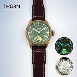 THORN 43mm ST3621 Men Bronze Pilot Wristwatch Black Dial Sapphire Bussiness Watch Leather Band Manual Mechanical Watches