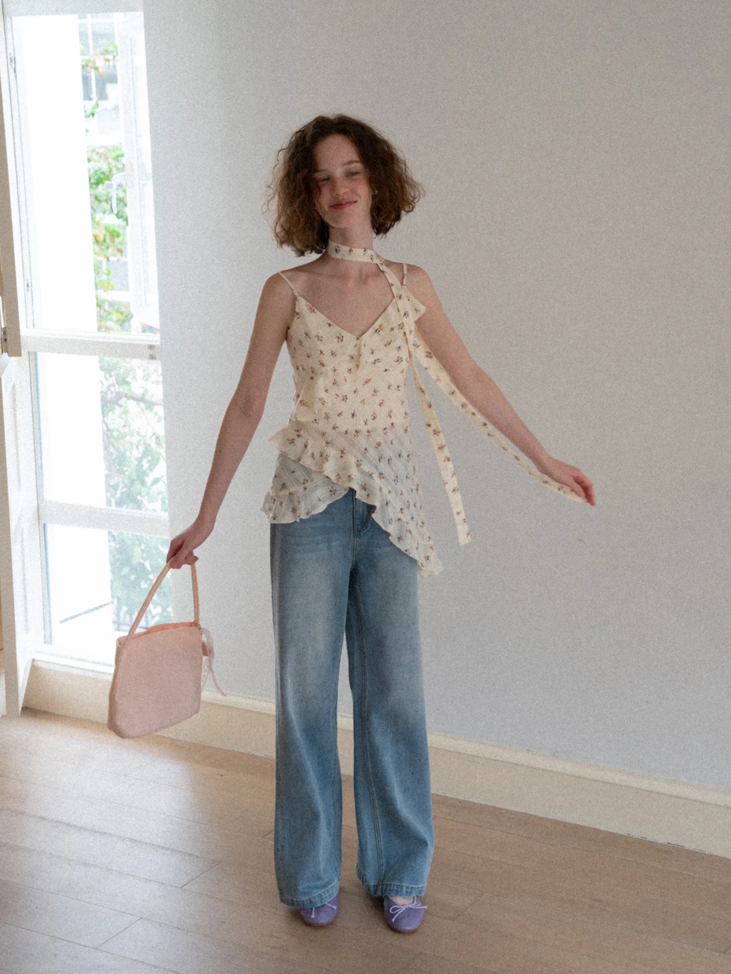 EGGKA Summer Vacation Style Loose Fit V-Neck Printed Strapless Top with Drifting Belt Irregular Lace Hemline Women's Vest