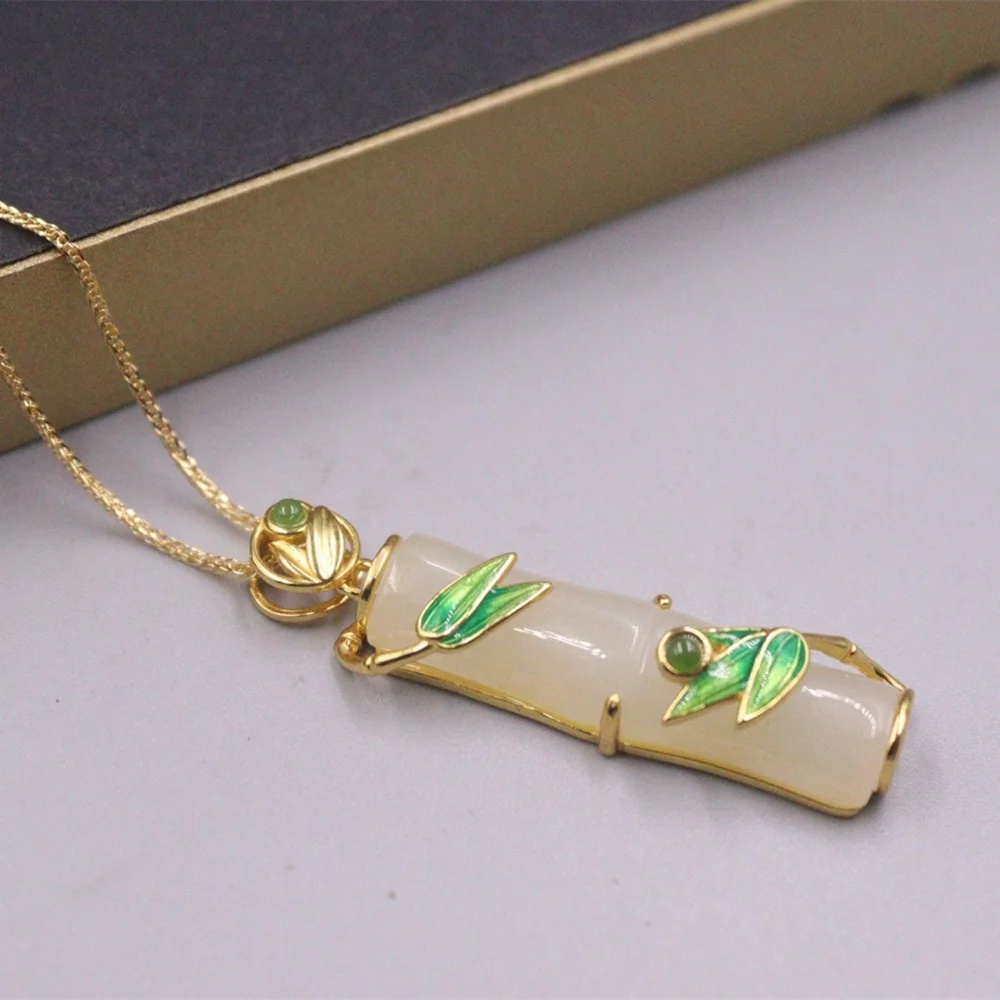 Real Solid 925 Sterling Silver Chain Natural Jade Bamboo Leaf Pendant Women Lucky Wheat Necklace