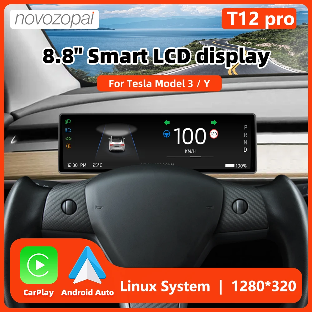 Novozopai-Tela do Painel para Tesla, T12 Pro, Carplay sem fio, Android Auto, Câmera Opcional, 8.8 pol, Modelo Y 3 Y Highland, Novo