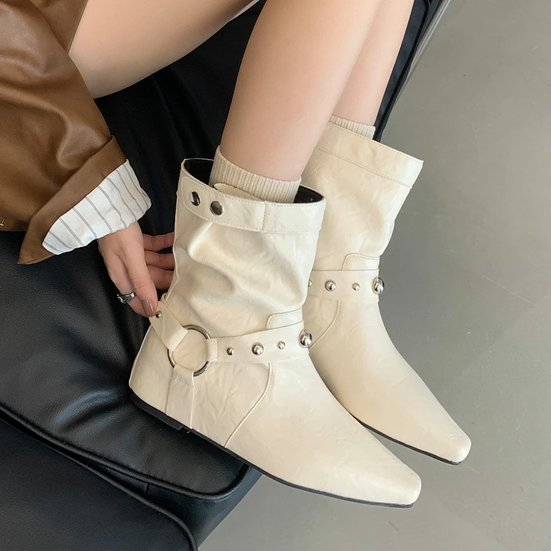 

ZOOKERLIN Mid-calf Boots For Women Zipper Silver Pointed Western Cowboy Boots Retro Fashion Black Boot Woman Shoes Spring Autumn