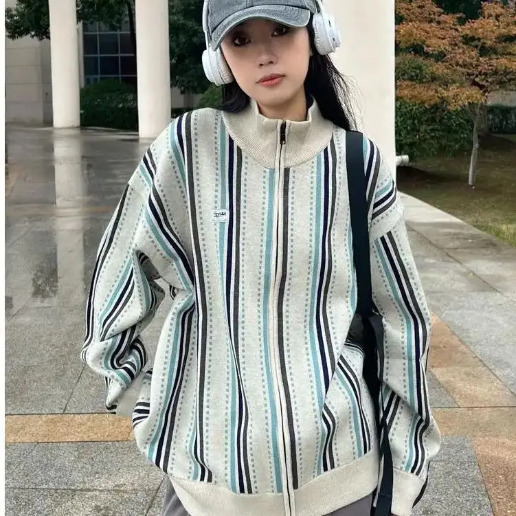 

Casual Knitted Cardigan Striped Turtleneck Top Retro Sweater Loose Y2K Harajuku Cardigan Zipper Design Women