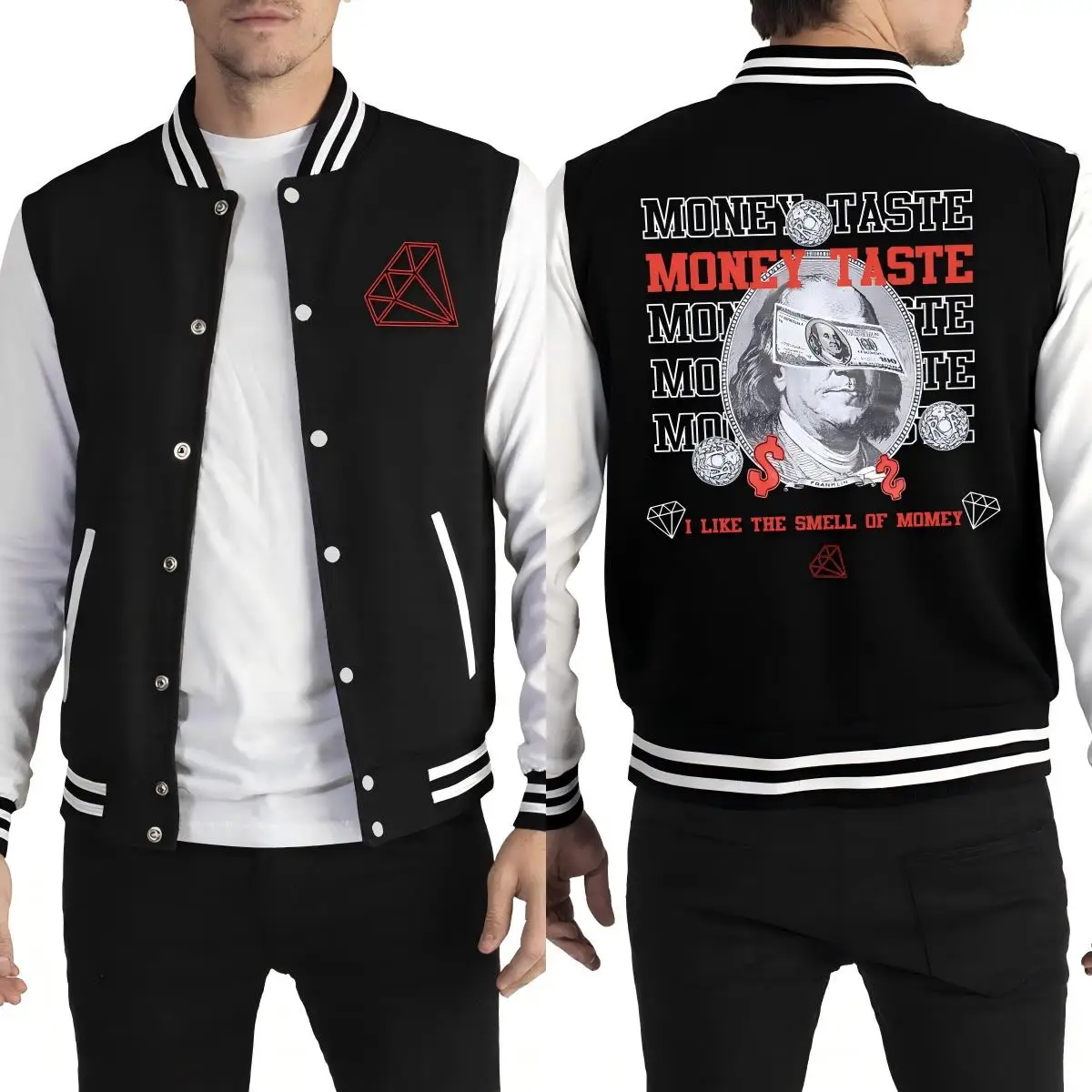 

Money Taste Diamond Letter Prints Мужская бейсбольная куртка Спортивное флисовое пальто Универсальная повседневная спортивная одежда на пуговицах Топы большого размера
