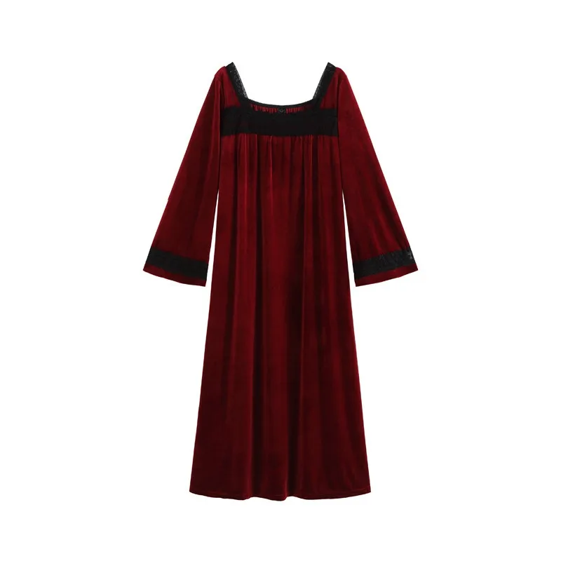 princess nightgown with long sleeves for autumn winter velvet sleepwear red lace dress black square collar FG657