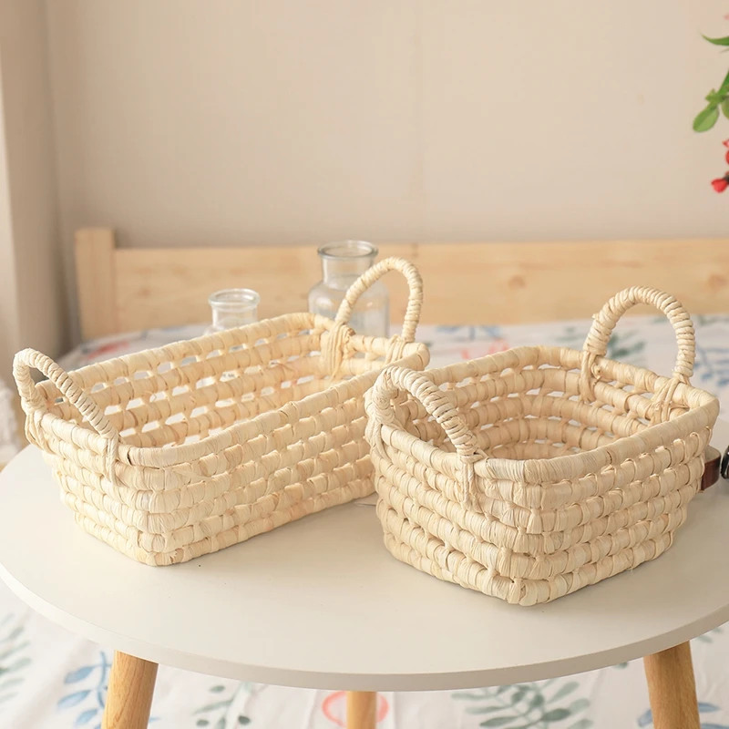 Ins Straw-woven Storage Basket Simple Snack Fruit Storage Basket Desktop Sundries Organizer Cosmetic Organizer Toys Container