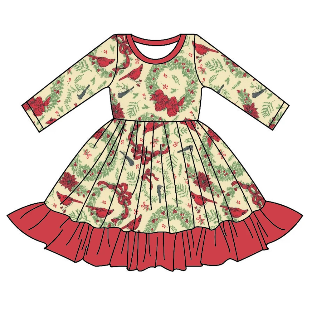 New Boutique Kids Dress Crew Neck Long Sleeves Ruffles Dress Christmas Collection Print Wholesale