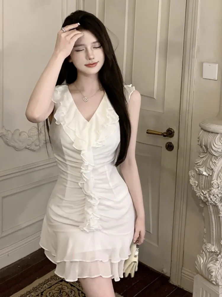 Été coupe ajustée plis en mousseline de soie Dr femmes V Ne Sexy jupes moulantes florale d Ele Midi Dres filles Sles