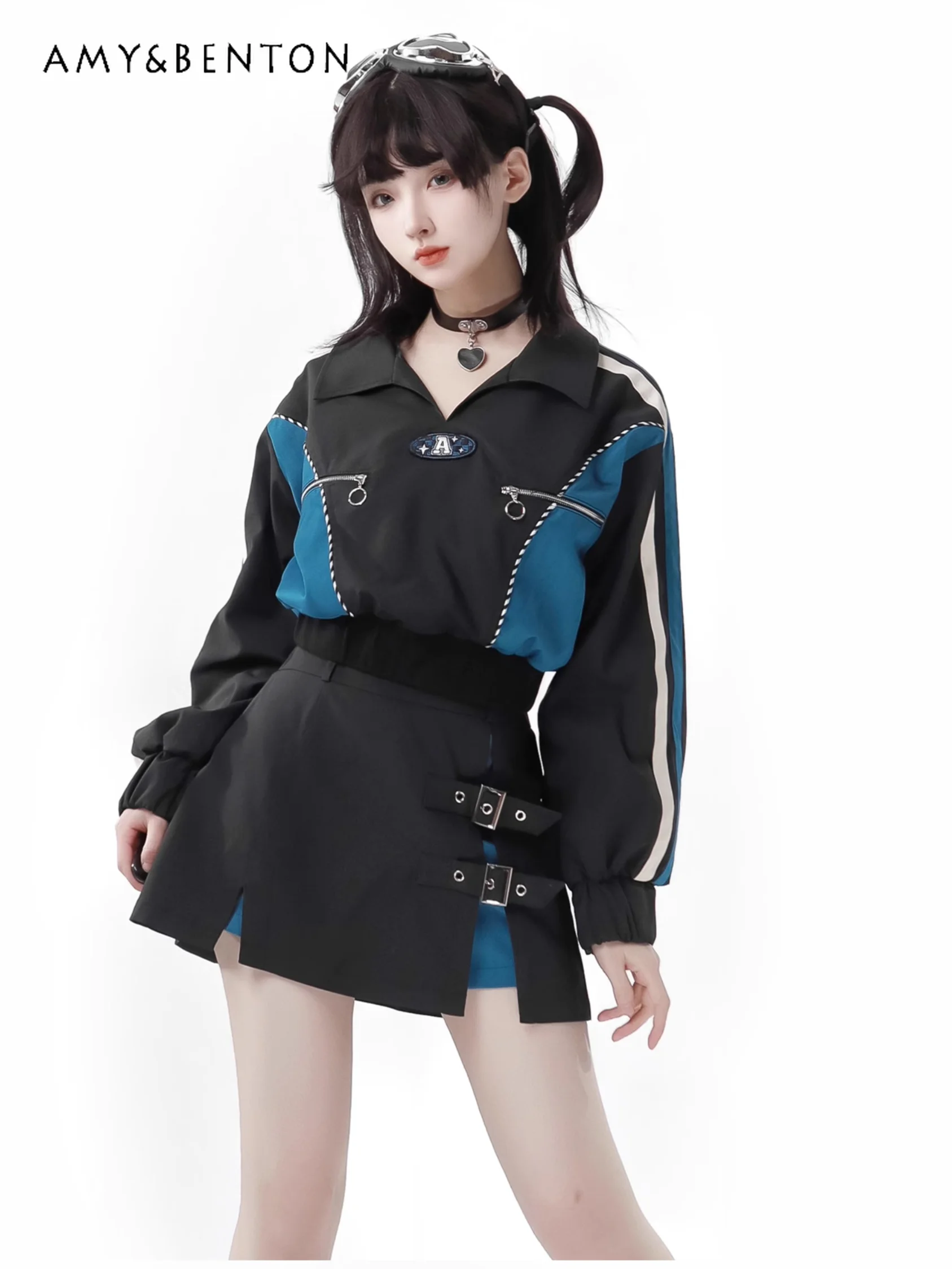 Harajuku Subculture Splicing Function Design Slim Split Outfits Y2K Patchwork Lapel Zipper Shorts Jacket Trousers Two-piece Set