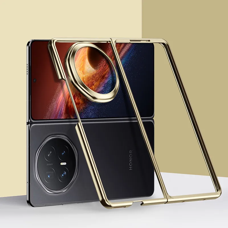 2in1 Schutzhülle für Honor Magic V6 V5, glänzender 6D-galvanisierter Rahmen, transparente Hartplastik-Rückseite aus PC, stoßfest, Funda