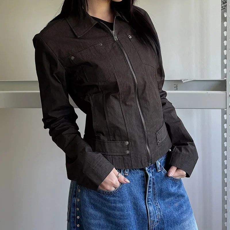 Women Jacket Pocketd Long Sleeve dCasual Zipper Coats Slim Fit Turn Down Collar Solid Outwear Elegant Lady Autumn - Image 3