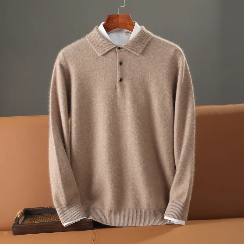 Camisola de Cashmere vison para homens, pulôver com gola polo, camisa base de malha quente, roupas casuais para negócios, outono e inverno, 100% vison