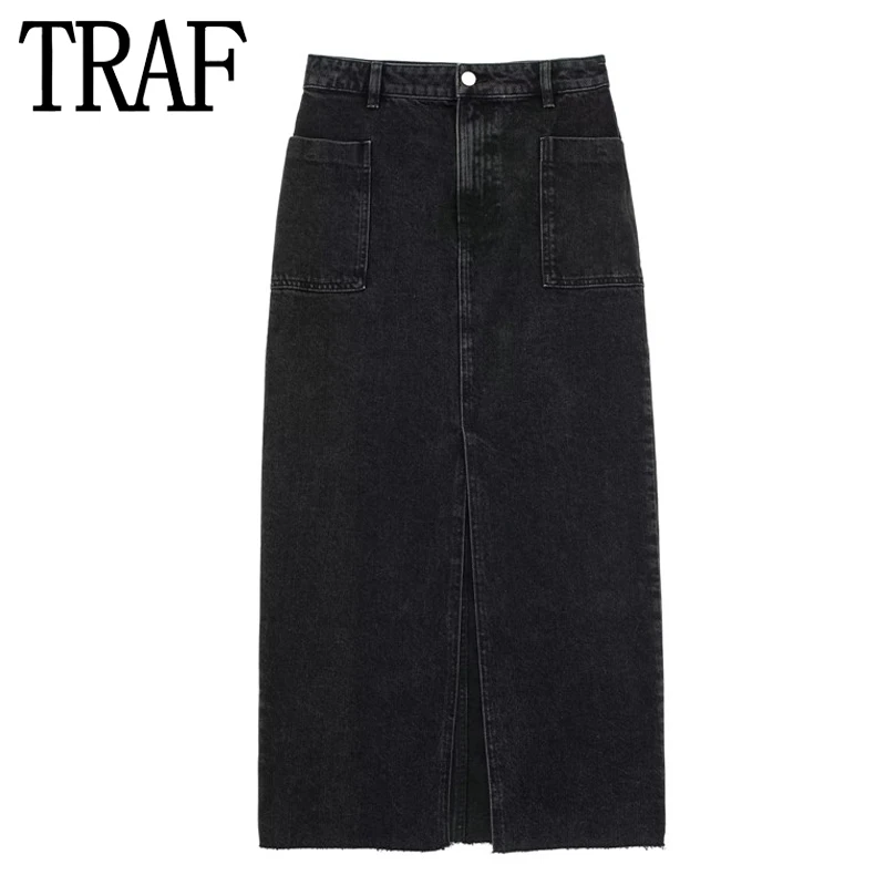 

TRAF Black Denim Skirt Woman Slit Jean Long Skirts For Women Fashion 2023 High Waist Summer Midi Skirt Y2k Streetwear Skirts