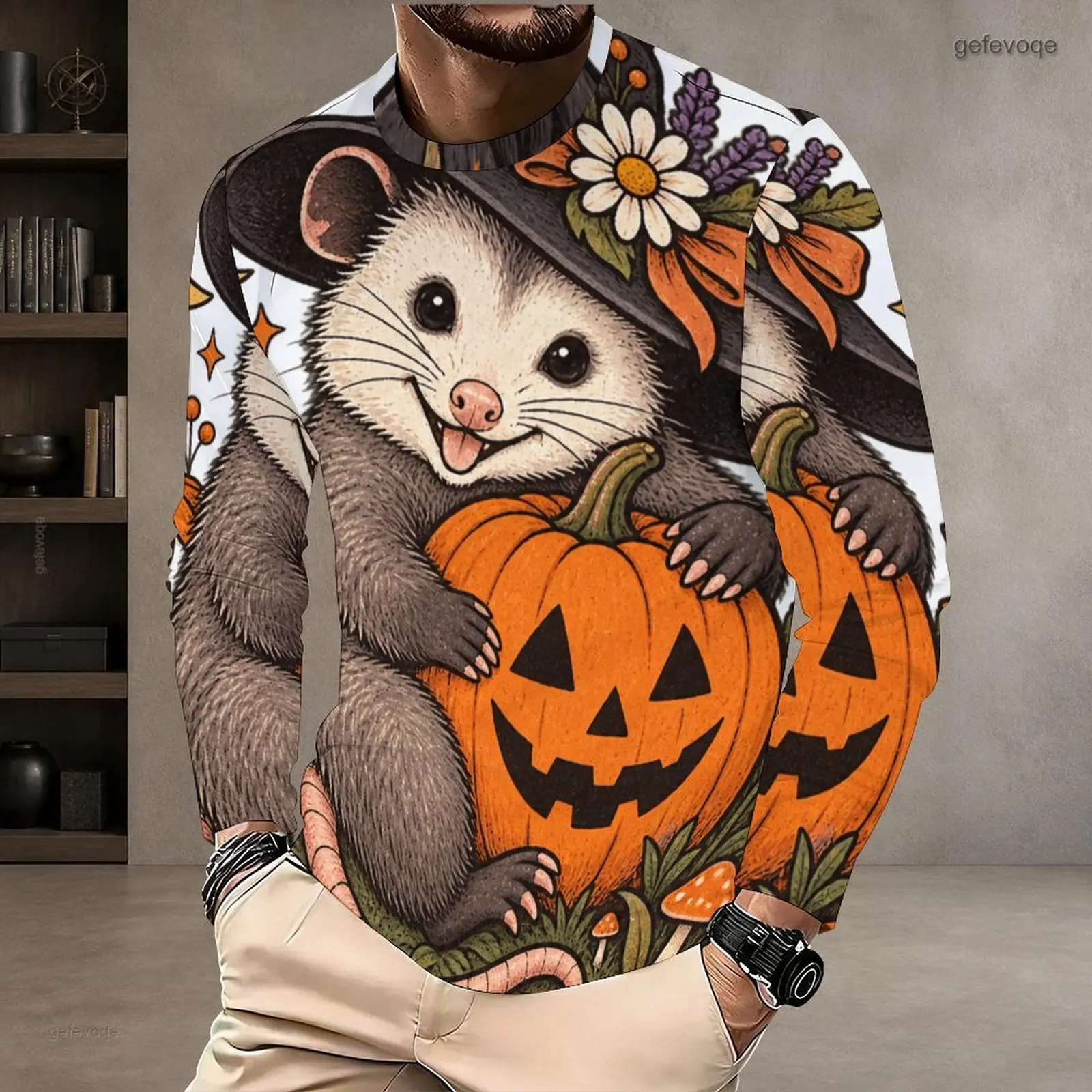 Men Printed T Shirt Round Neck Long Sleeve Pullover Straight Hem