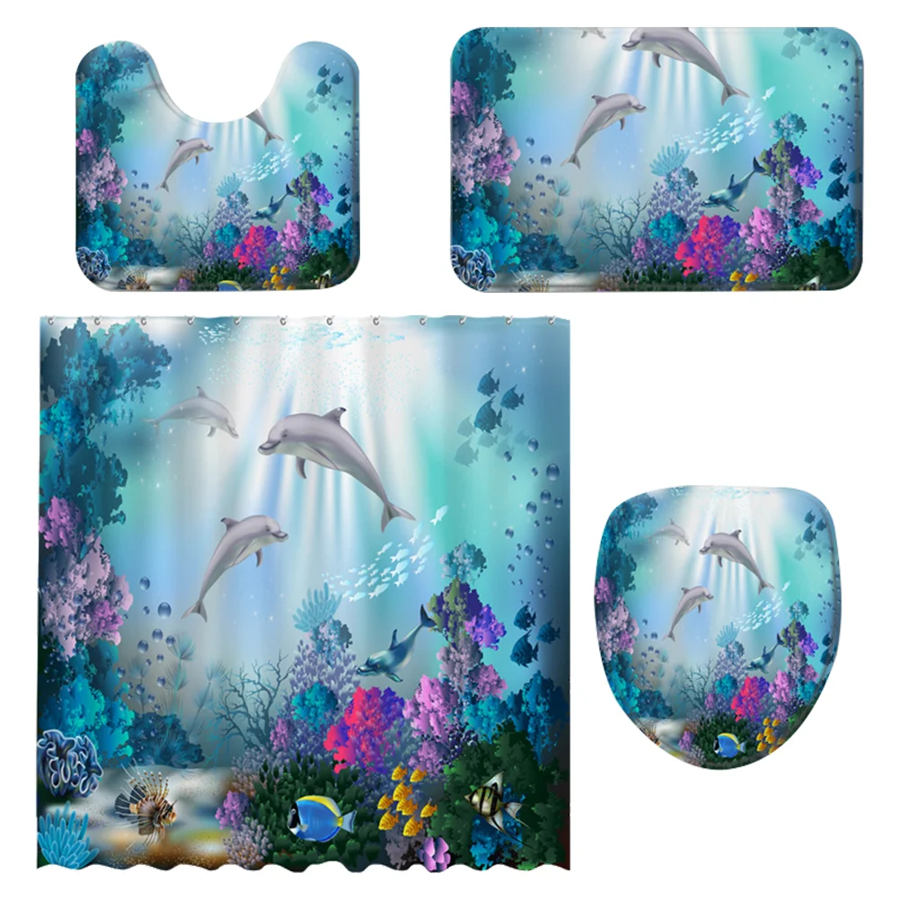 

Shower Curt Bath Full Bathroom Sets Privacy Protected Curtain Curtains Water Proof Ocean Animal Printing Non-slip Mat