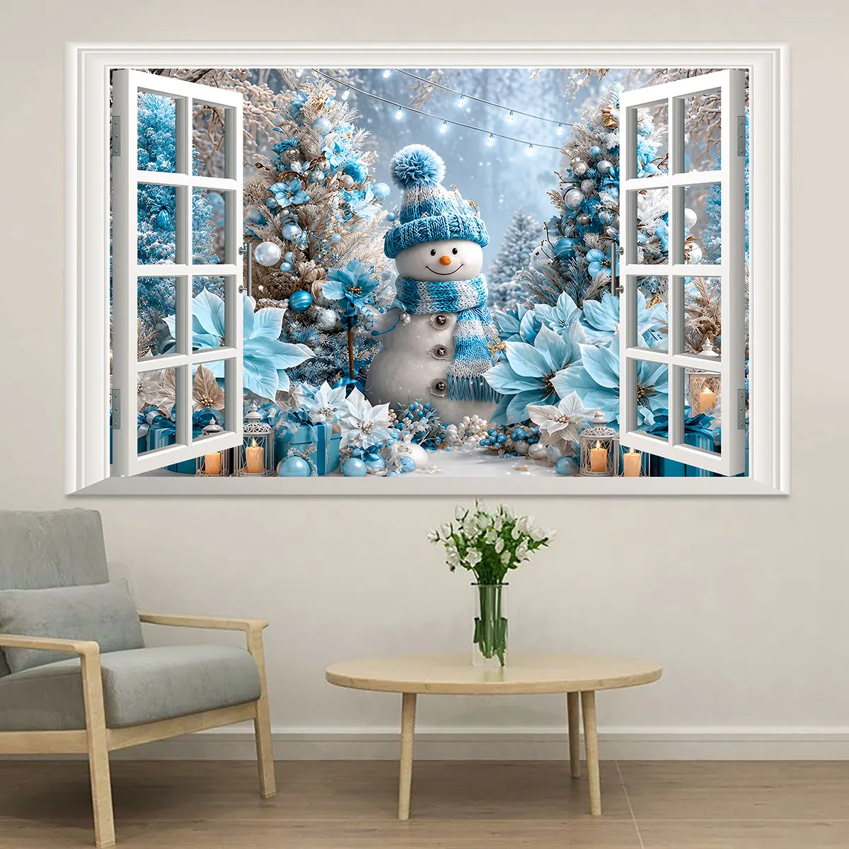 1pc simulated window wall sticker featuring Christmas snow scene with a snowman decoration waterproof and concealing flaws