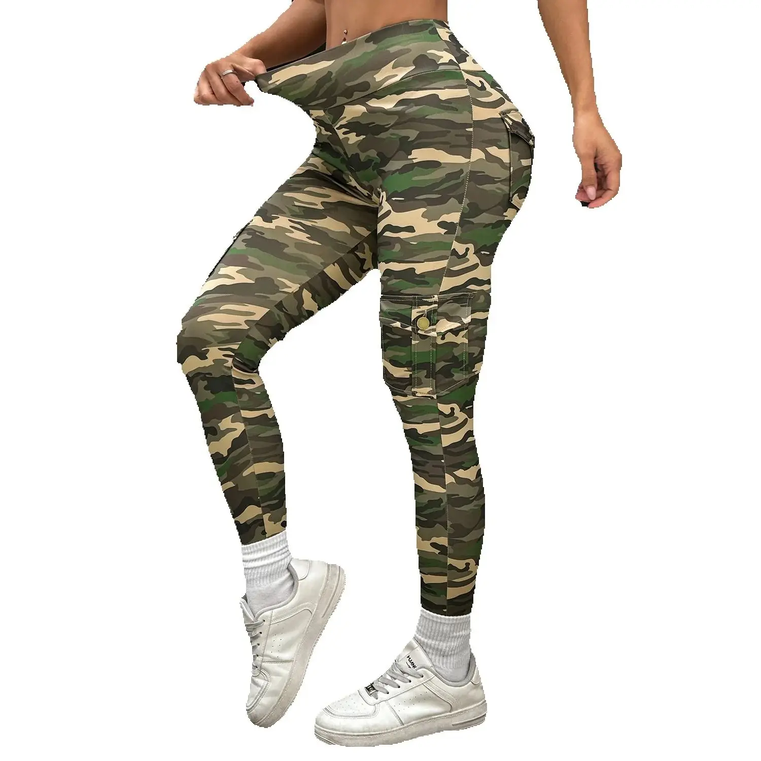 Damskie legginsy sportowe i seksowne, obcisłe, z kieszeniami w kamuflażu, z wysoką elastycznością, w stylu retro.
