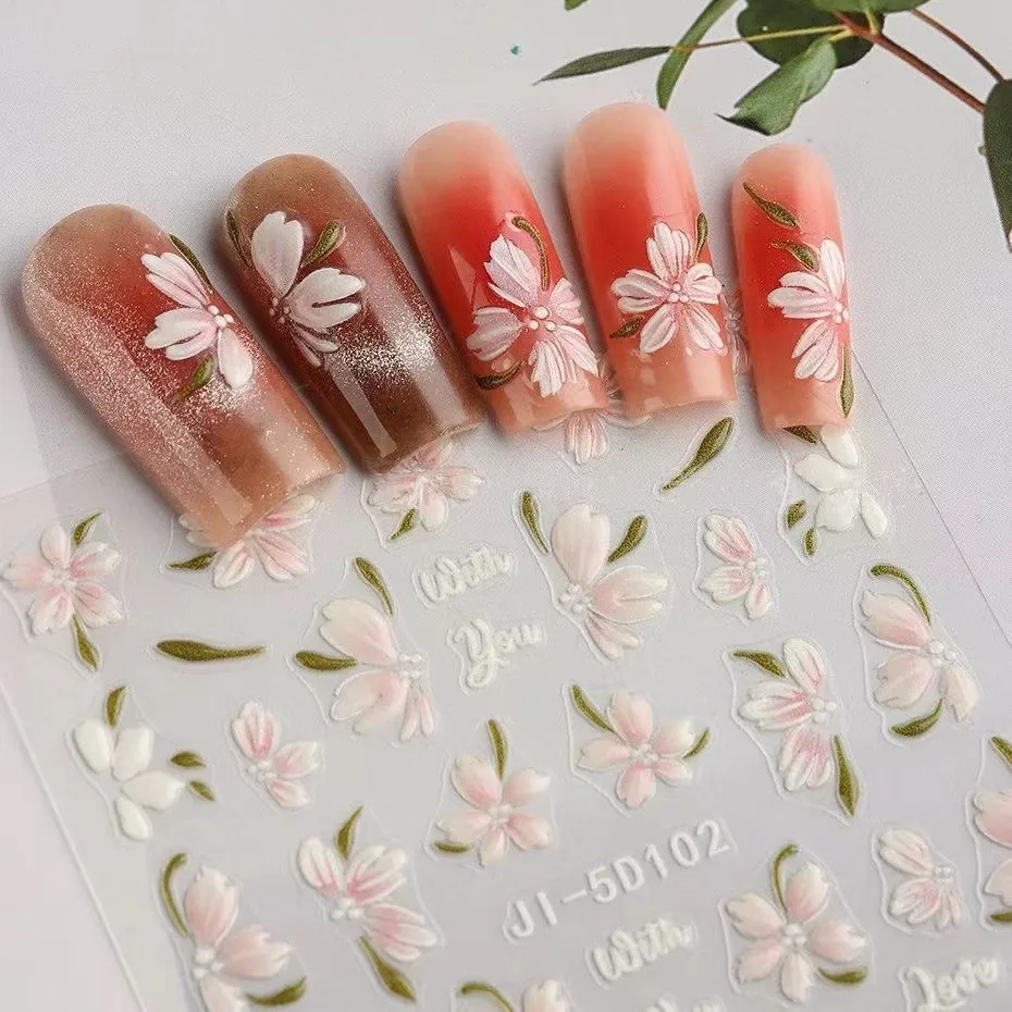 Viral 3D Relief Camellia Nail Stickers 5D Holographic Hand Painted Fresh Flower Self Adhesive Decals for Professional Manicure