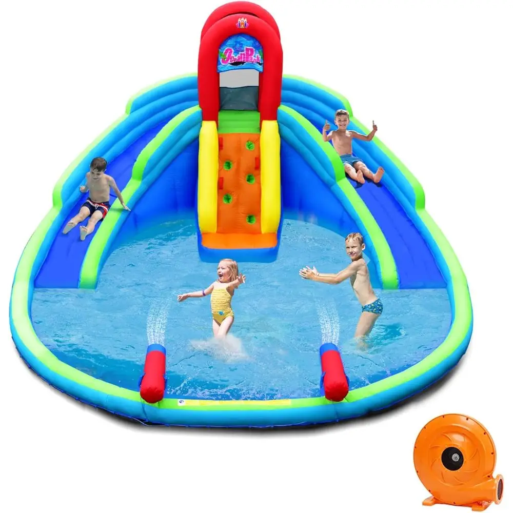 Dmuchane zjeżdżalnie wodne, dmuchane zamki do skakania dla dzieci z długimi zjeżdżalniami, ścianą do wspinaczki i dużym basenem, wodne karabiny i węże.