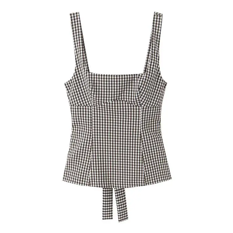 

Women's Hollow out Knot Decorated Plaid Crop Top European Sle Faion Element Inner Wear ort Length Vest
