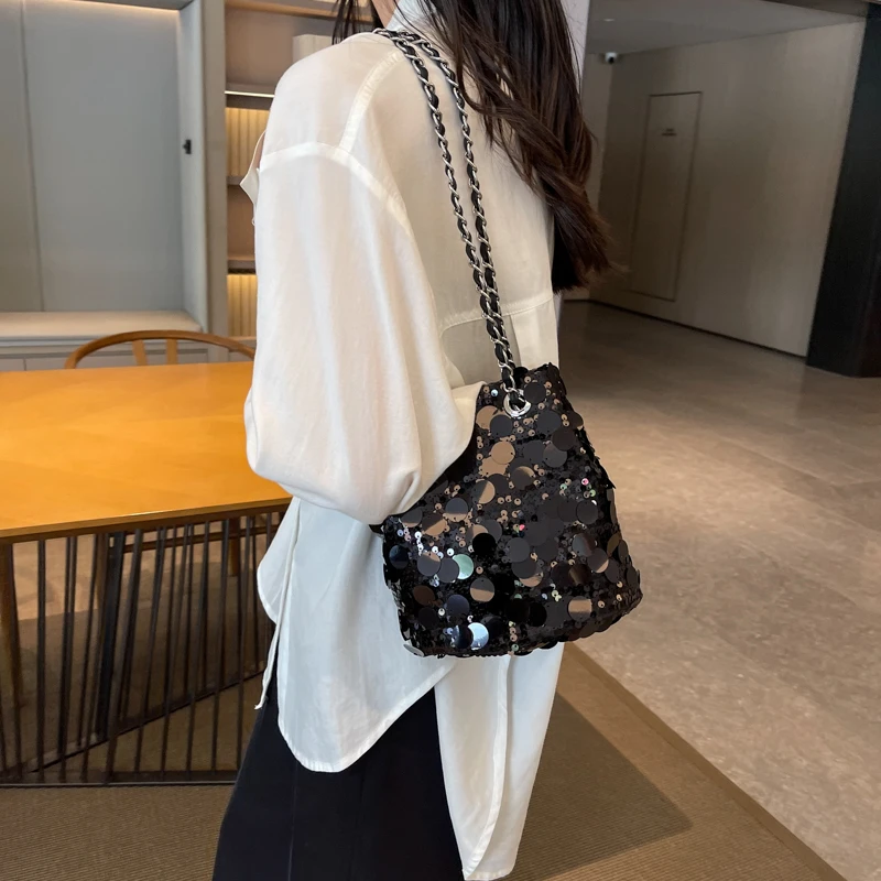 LEFTSIDE Sequin Shiny Crossbody Bags for Women 2023 Luxury Designer Korean Fashion Handbags and Purses Trend Chain Bucket Bag