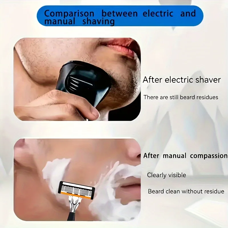 Men's 6-Blade Manual Razor, Orange Non-Slip Handle, Multiple Replacement Blades - Ideal for Trimming Beards and Mustaches