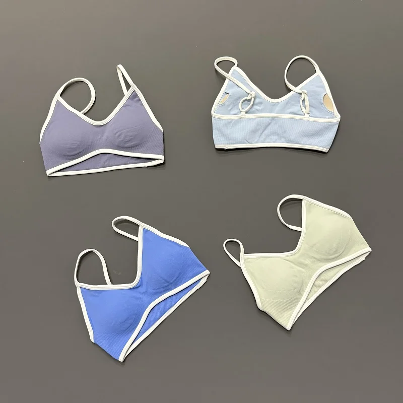 Women Fitness Sports Bra Summer Yoga Sexy Backless Knit Bra with Chest Cushion Suspender Breathable Contrast Trim Gym Bra