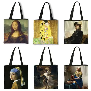 Ünlü Resim Bahar Süresi / Bilinmeyen Bir Kadının Portresi / Mona Lisa Tote Çanta Kanvas Omuz Çantaları Bayanlar Eko Alışveriş Çantası