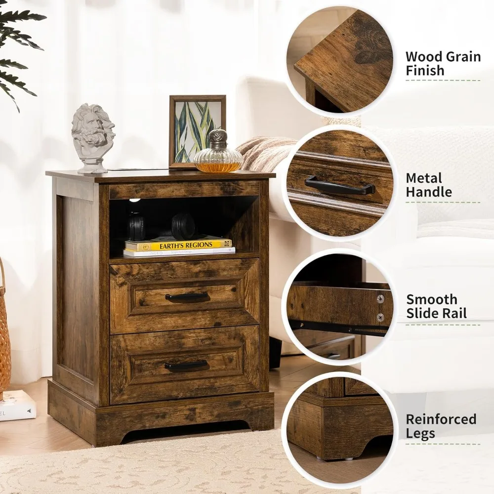 منضدة خشبية لمحطة شحن مع أدراج ورف تخزين مفتوح، وطاولة بجانب السرير لأسلوب المزرعة الحديثة #6