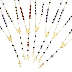 304 Stainless Steel Religious Prayer Beads Rosary Necklace Women Gold Color Cross Virgin Mary Pendants 52cm(20.5