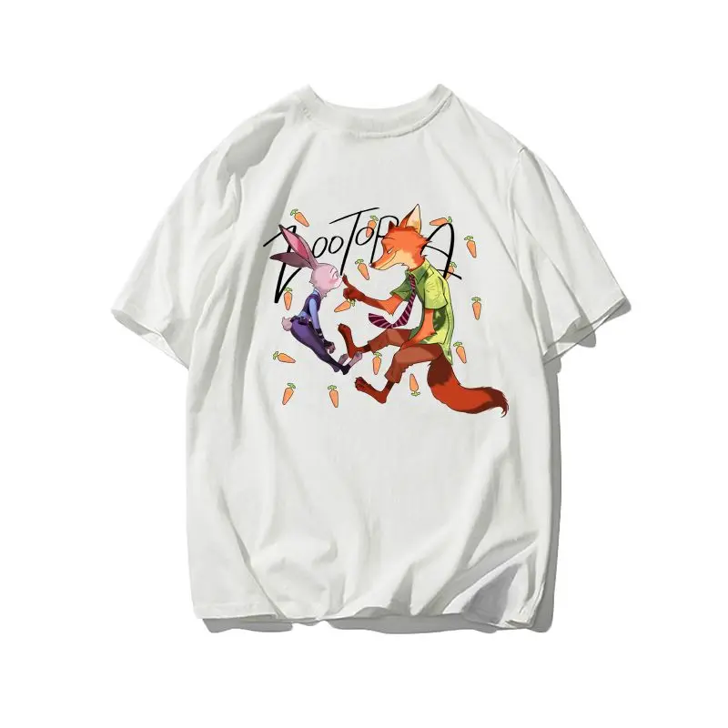 ملابس زوجين جديدة من Zootopia تي شيرتات من القطن الخالص تتميز بجودي ذا أرنب ونيك ذا فوكس تي شيرت كبير الحجم بأكمام قصيرة