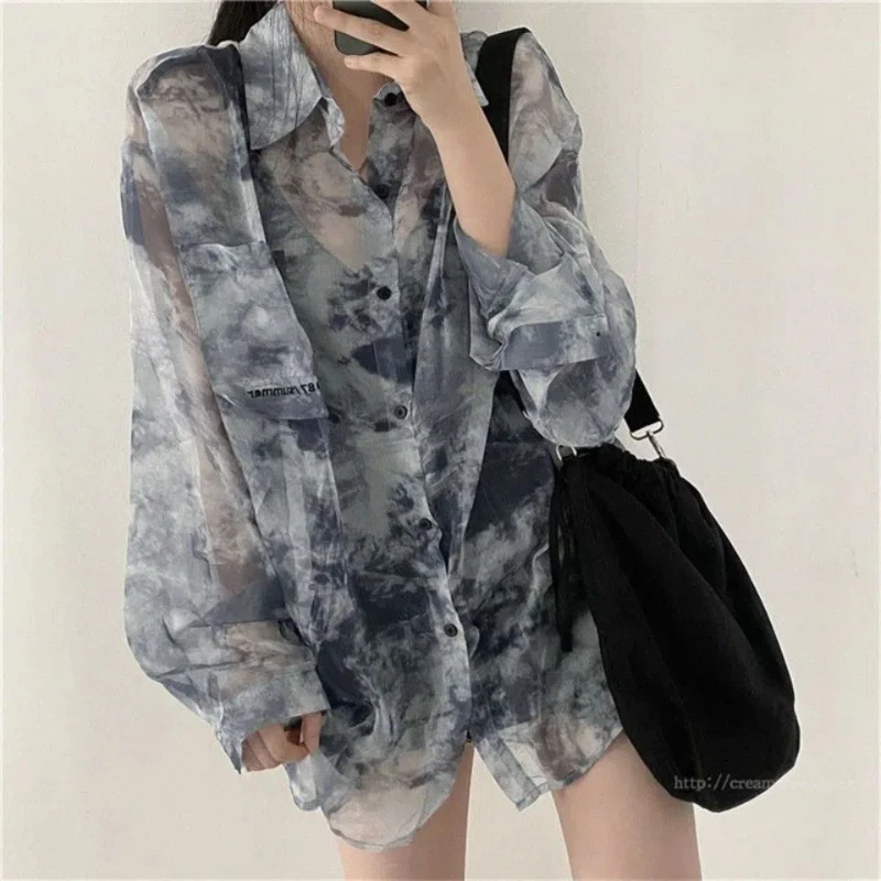 Tie Dye Thin Loose Blouse Summer New Long Sleeve Polo Neck All-match Loose Street Casual Shirt Tops Fashion Trend Women Clothing