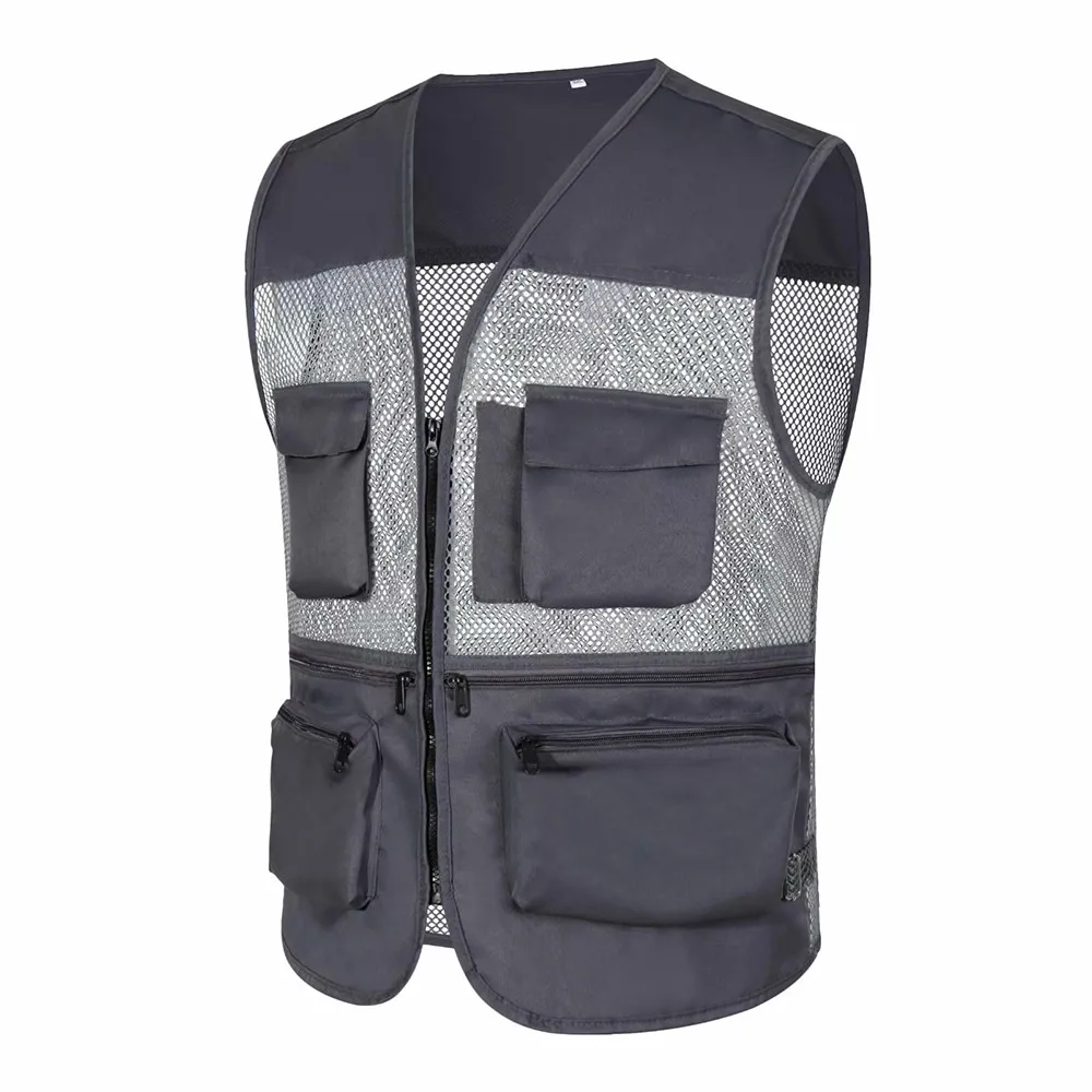 Men's Outdoor Fishnet Sleeveless Mesh Waistcoat Hollow Out Multi Pockets Photography Vest Breath Casual Comfort Workwear Coat