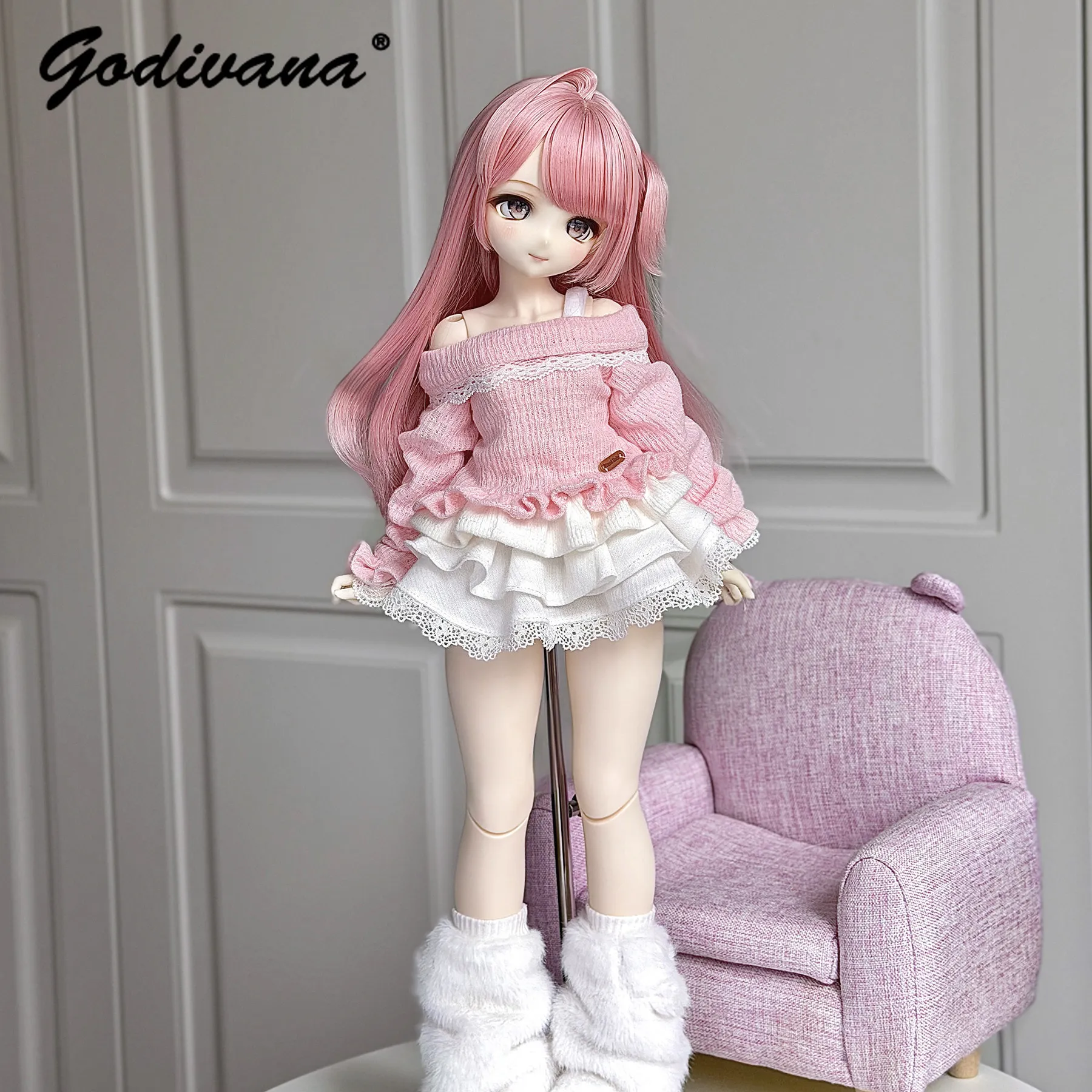 1/4 BJD Doll Clothes Sweet Off‑Shoulder Knit Sweater Multi‑Layer Lace Cake Skirt Plush Leg Warmers Three Pieces Doll Outfit
