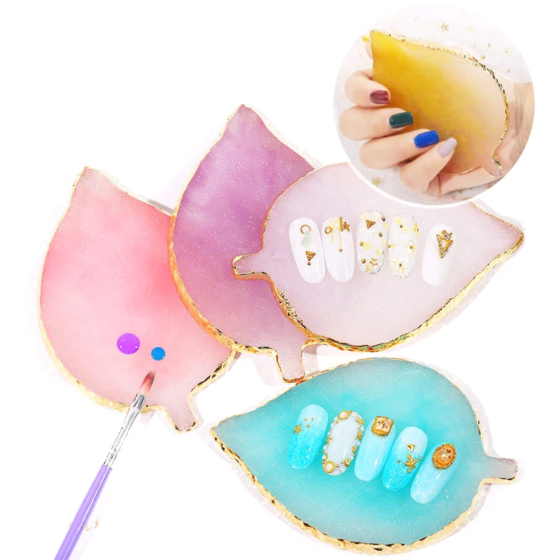 

DIY Manicure Accessories Tools Resin Nail Art Painting Gel Palette Golden Edge Polish Agate Mix Stir Crystal Gem Plate 16 Colors