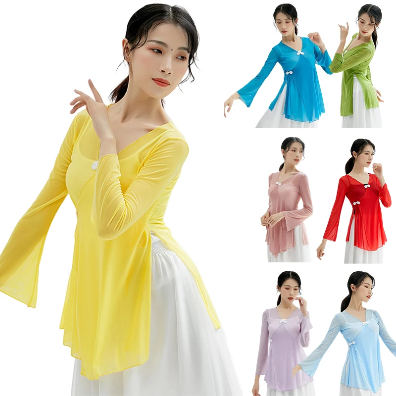 Women's Classical Dance Shirt Sexy Transparent Chinese Traditional Style Top Body Rhyme Gauze Dress Girl Elegant Ballet Costume