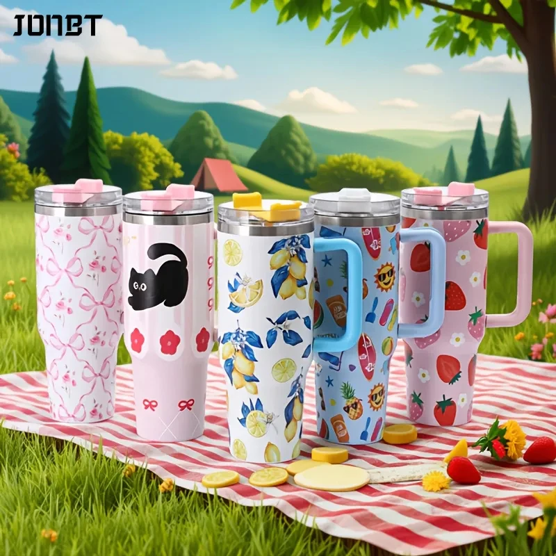 

40oz Car Thermal Cup For Outdoor Camping Hot Cold Coffee Mug Jumbo Stainless Steel Thermos With Handle Straw Drink Water Bottles