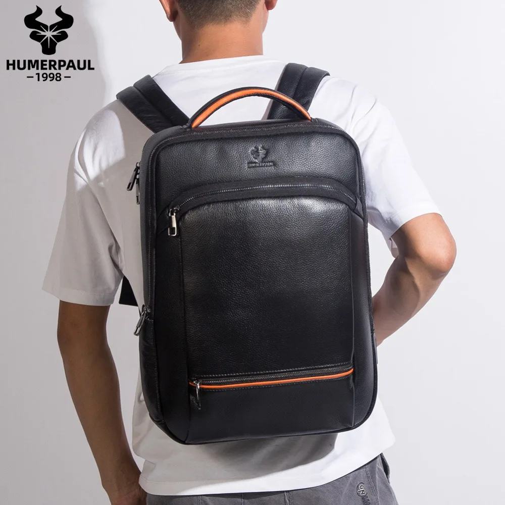Genuine Leather Men's Backpack Top-Grain Cowhide Business Backpack Includes USB Cable Stylish Casual Laptop Bag