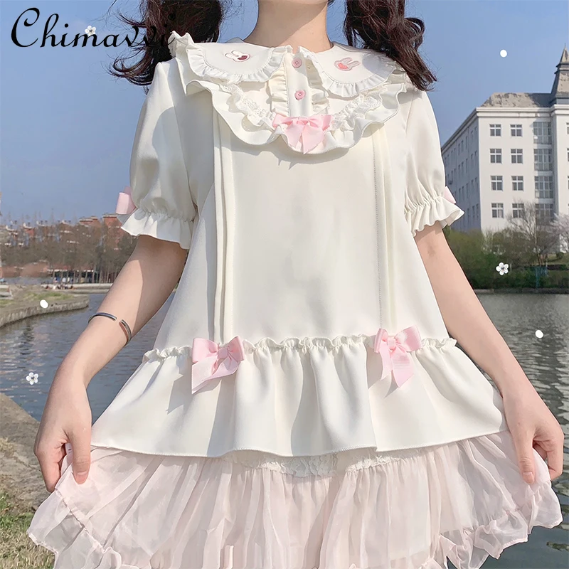 Original Japanese Sweet Cute Girl Embroidery Lolita Rabbit Ears Blouse 2024 Summer Short-sleeved Loose Student Kawaii Shirt Top