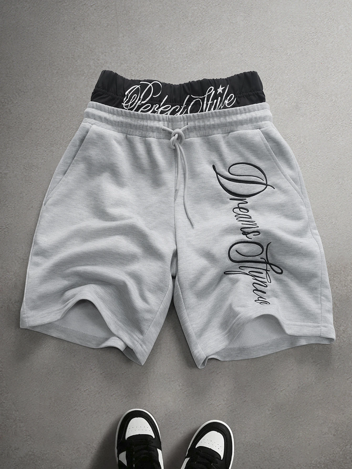 Men's Oversized Casual Streetwear Shorts Brand Double Waistband Cursive Embroidery Polyester  Casual Shorts XS-XL All Size 1Pc